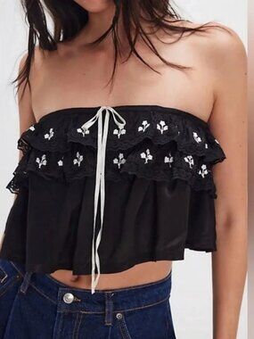 Free People Tailia Embroidered Tube Top Lace Ruffle Strapless L